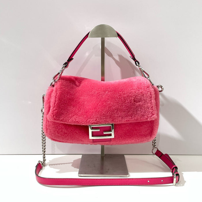 Fendi Baguette 28cm Pink SHW Shearling Fur Flap Chain Leather Shoulder Bag - photo 1 of 9