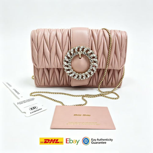 Miu Miu Nude Matelasse Leather Crystal Circle Chain Flap Crossbody Bag - photo 1 of 15