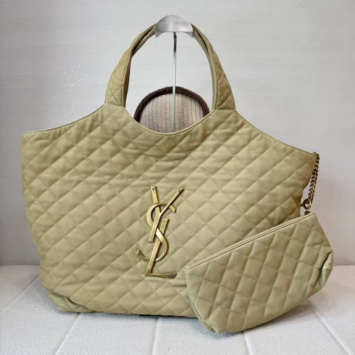 YSL Khaki Diamond Quilted Icare Large Tote Detachable Pouch Antique Gold HW - photo 1 of 14
