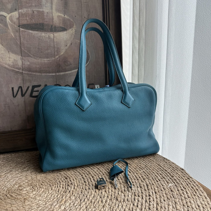 Hermès Victoria 35 Blue Jean Leather Palladium HW Top Handle Bag-s - photo 1 of 20